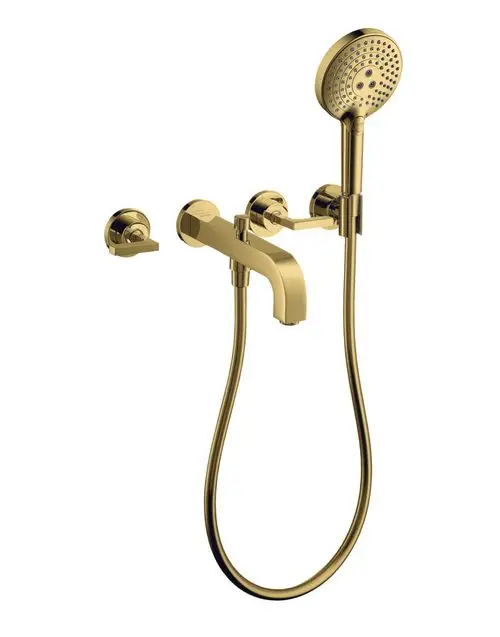 AXOR Wannenarmatur in polished gold, bestehend aus einem Wasserhahn mit zwei Hebelgriffen. Die Unterputzmontage und Rosetten sind für die Wandinstallation vorgesehen.